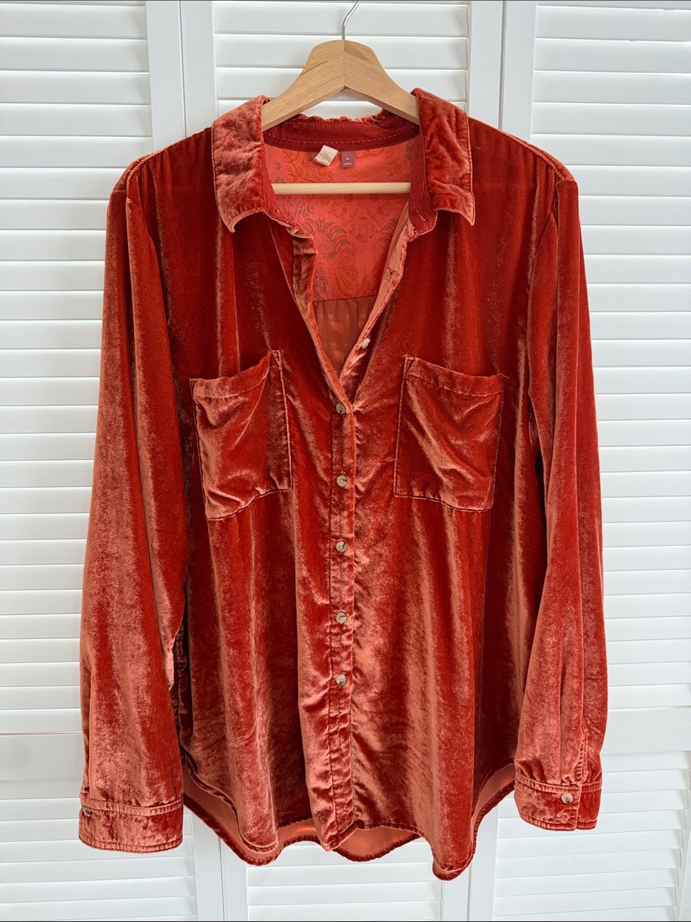 Pilcro Velvet Button-Down Shirt in Rust Orange